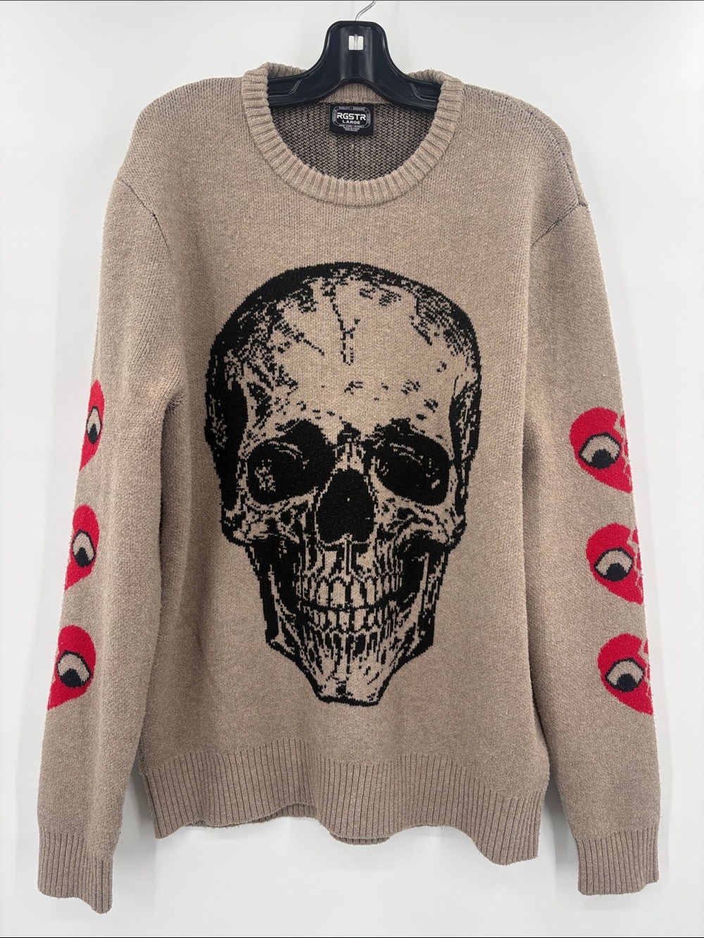 Men's Crewneck Skull Knit Beige Sweater with Red Hearts on the Sleeve Accents L